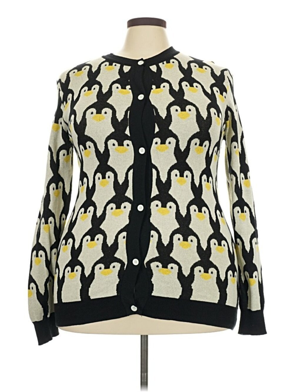 Oxknit Cream Black Penguin Intarsia Knit Cardigan 4X Plus NWOT Novelty
